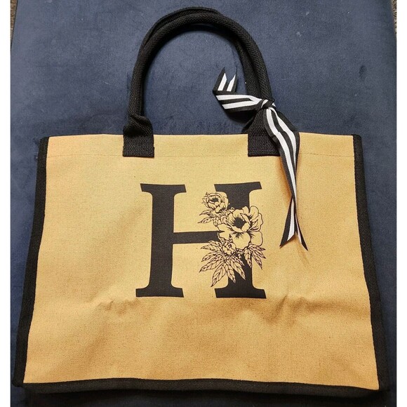 Monogrammed Initial Letter H Canvas Tote Makeup Beach Bag Sun Hat Gift Set Box - Picture 2 of 16